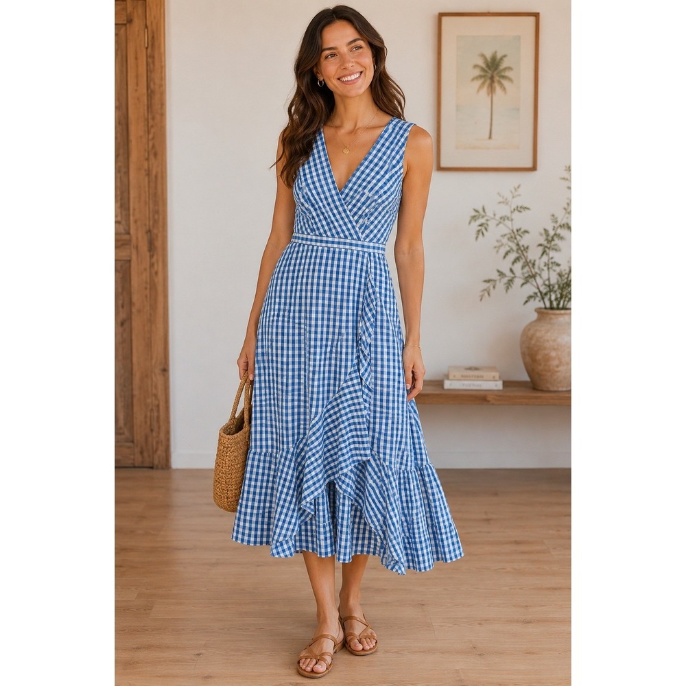 J.Crew Gingham Wrap Dress Size 4 Blue White Midi Sleeveless Ruffle Hem Summer